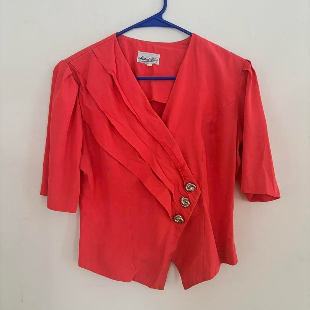 Vintage Michael Blair Coral Button-Front Blouse – Short Sleeve Retro Top